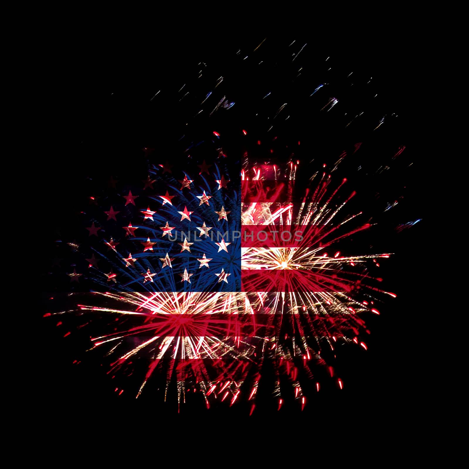 Concept of celebrating Independence Day in United States of America. USA national flag with fireworks background for 4th of July.