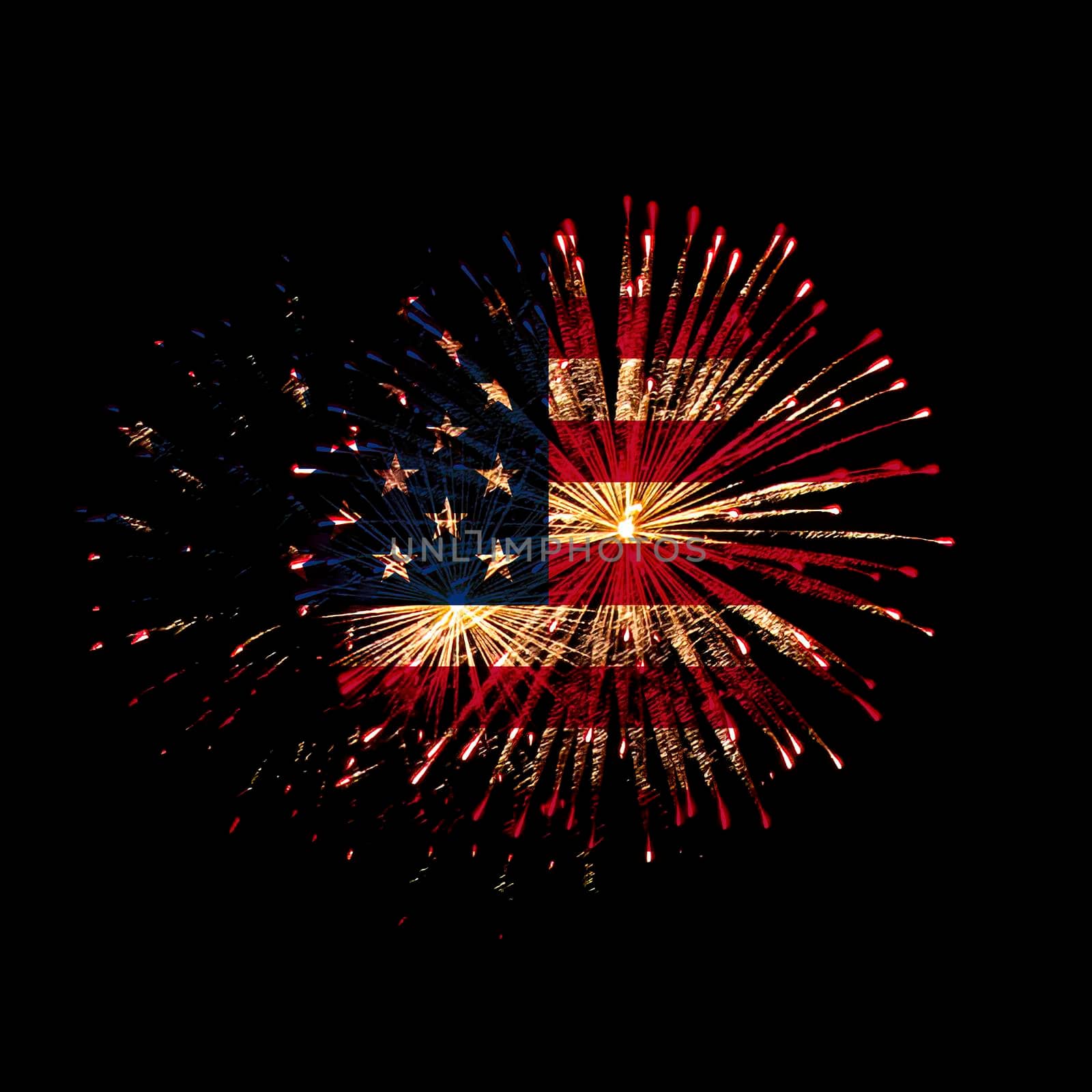 Concept of celebrating Independence Day in United States of America. USA national flag with fireworks background for 4th of July.