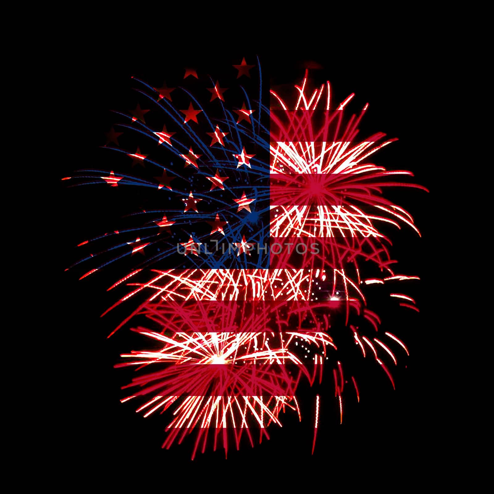 Concept of celebrating Independence Day in United States of America. USA national flag with fireworks background for 4th of July.