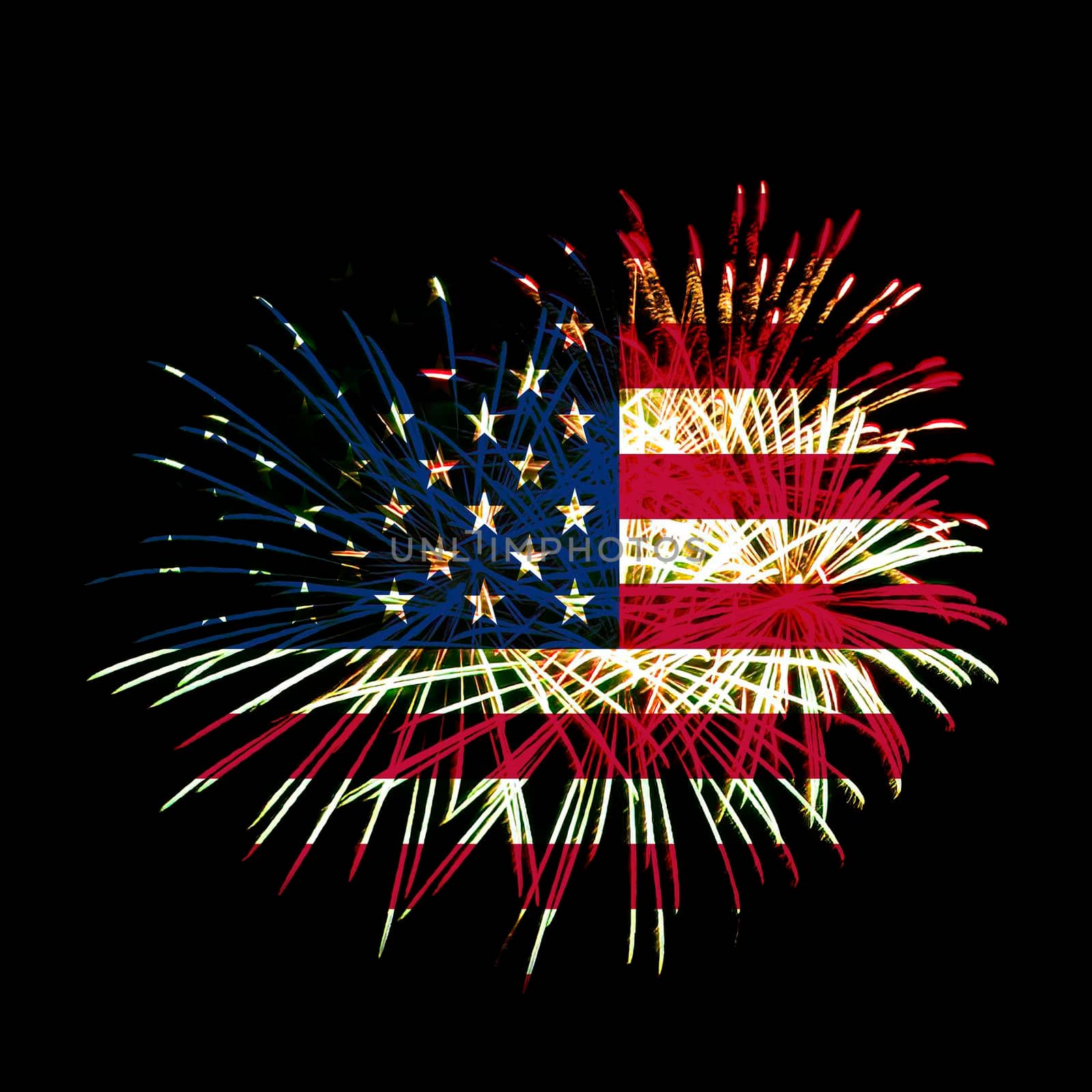 Concept of celebrating Independence Day in United States of America. USA national flag with fireworks background for 4th of July.