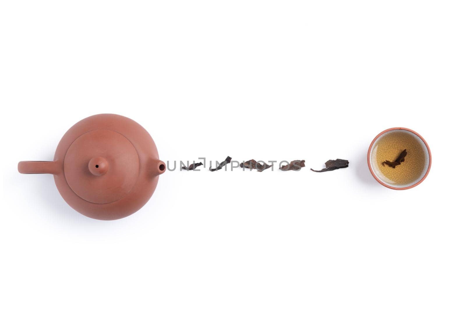 Top view of fresh black tea with kettle teapot and leaves in Taiwan, Asian culture design concept layout.