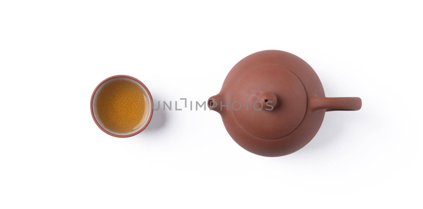 Top view of fresh black tea with kettle teapot and leaves in Taiwan, Asian culture design concept layout.