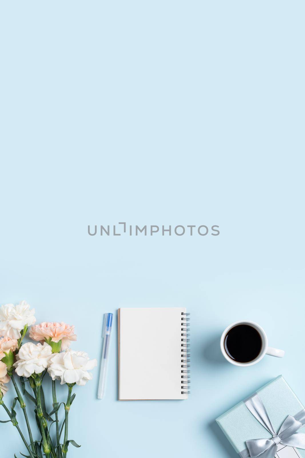 Design concpet of Mother's Day greeting with carnation flower, holiday gift idea and notebook diary on mother's desk background.