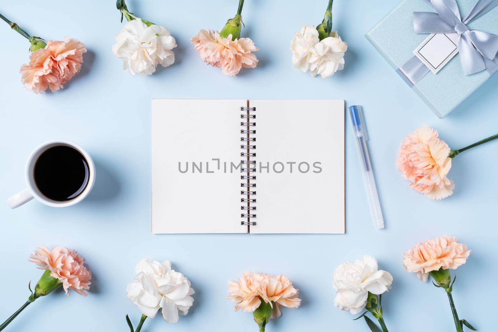 Design concpet of Mother's Day greeting with carnation flower, holiday gift idea and notebook diary on mother's desk background.