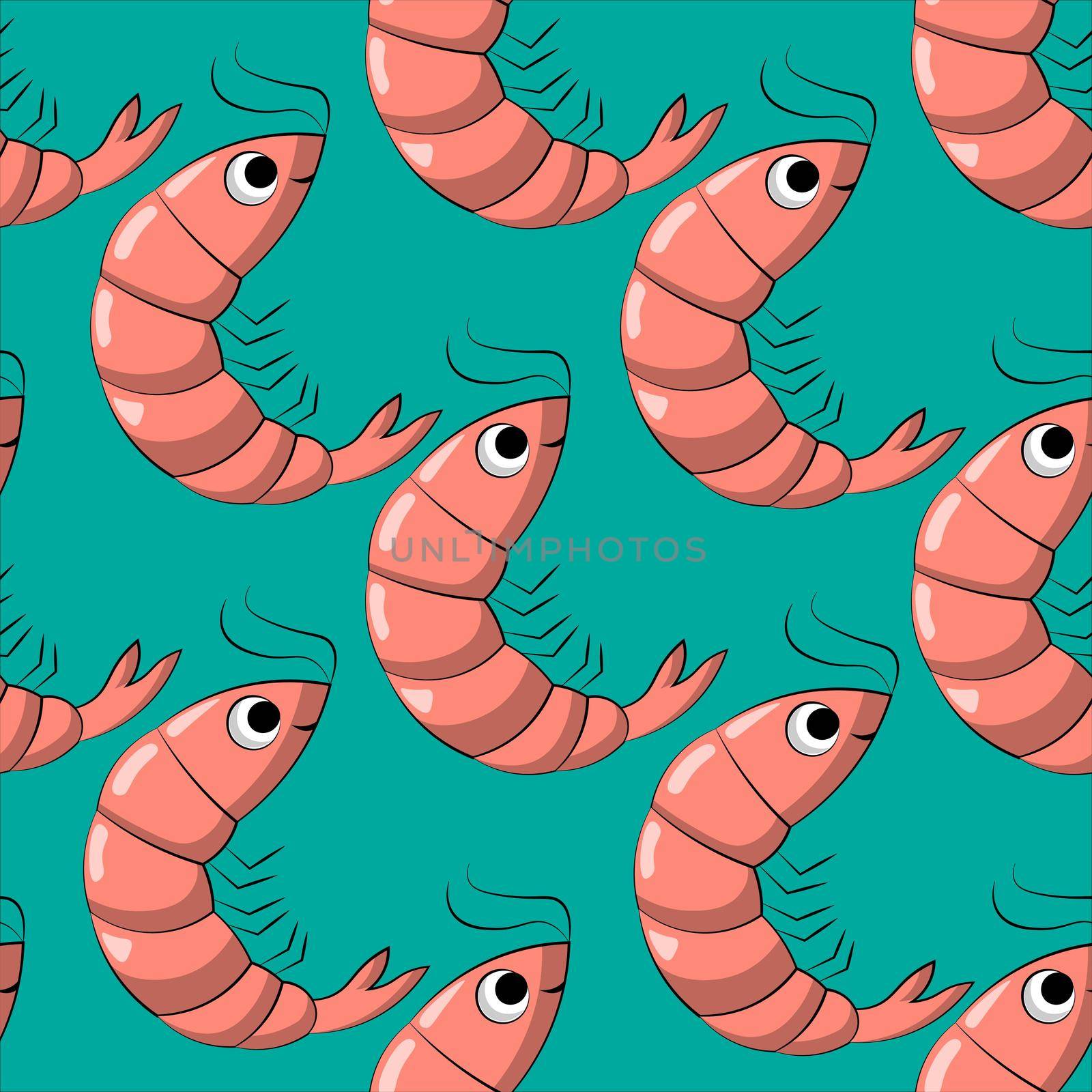 Seamless vector pattern with cute cartoon shrimp by AnastasiaPen