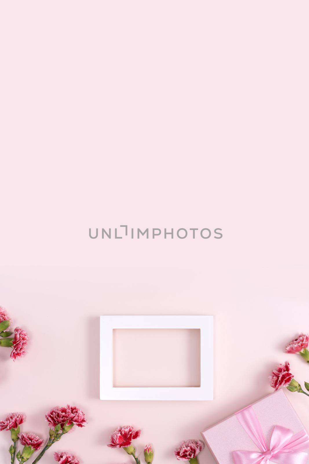 Concept of Mother's day holiday greeting background design  with carnations bouquet on pink background