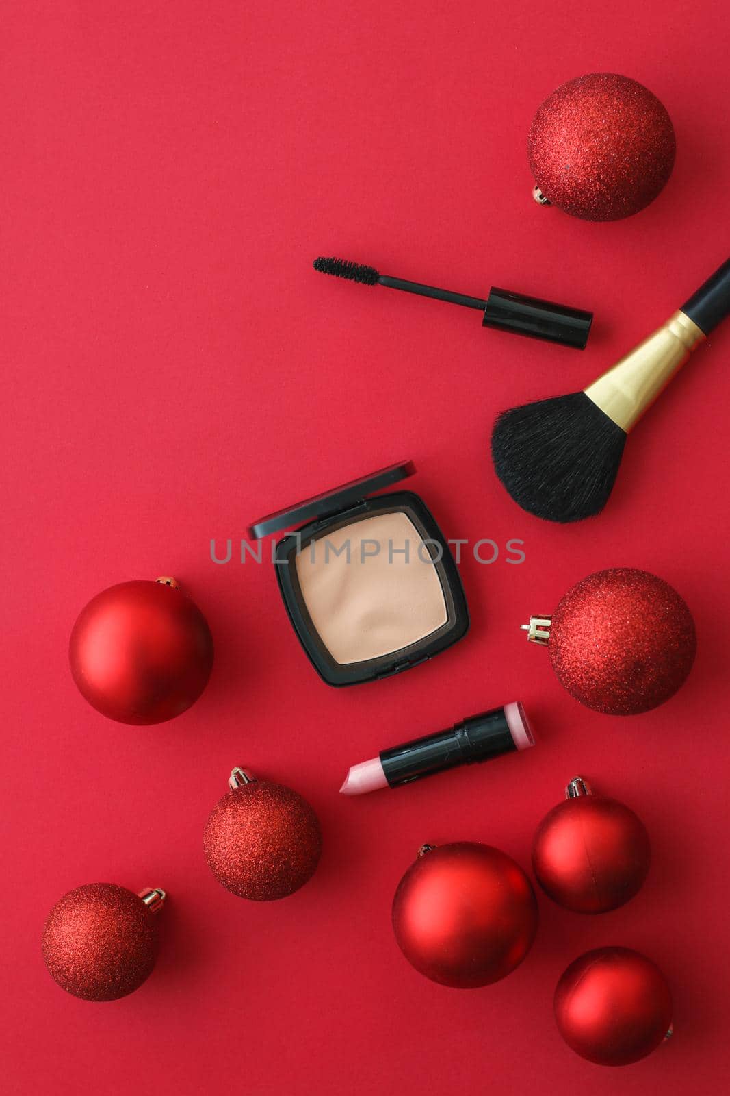 Cosmetic branding, fashion blog cover and girly glamour concept - Make-up and cosmetics product set for beauty brand Christmas sale promotion, luxury red flatlay background as holiday design