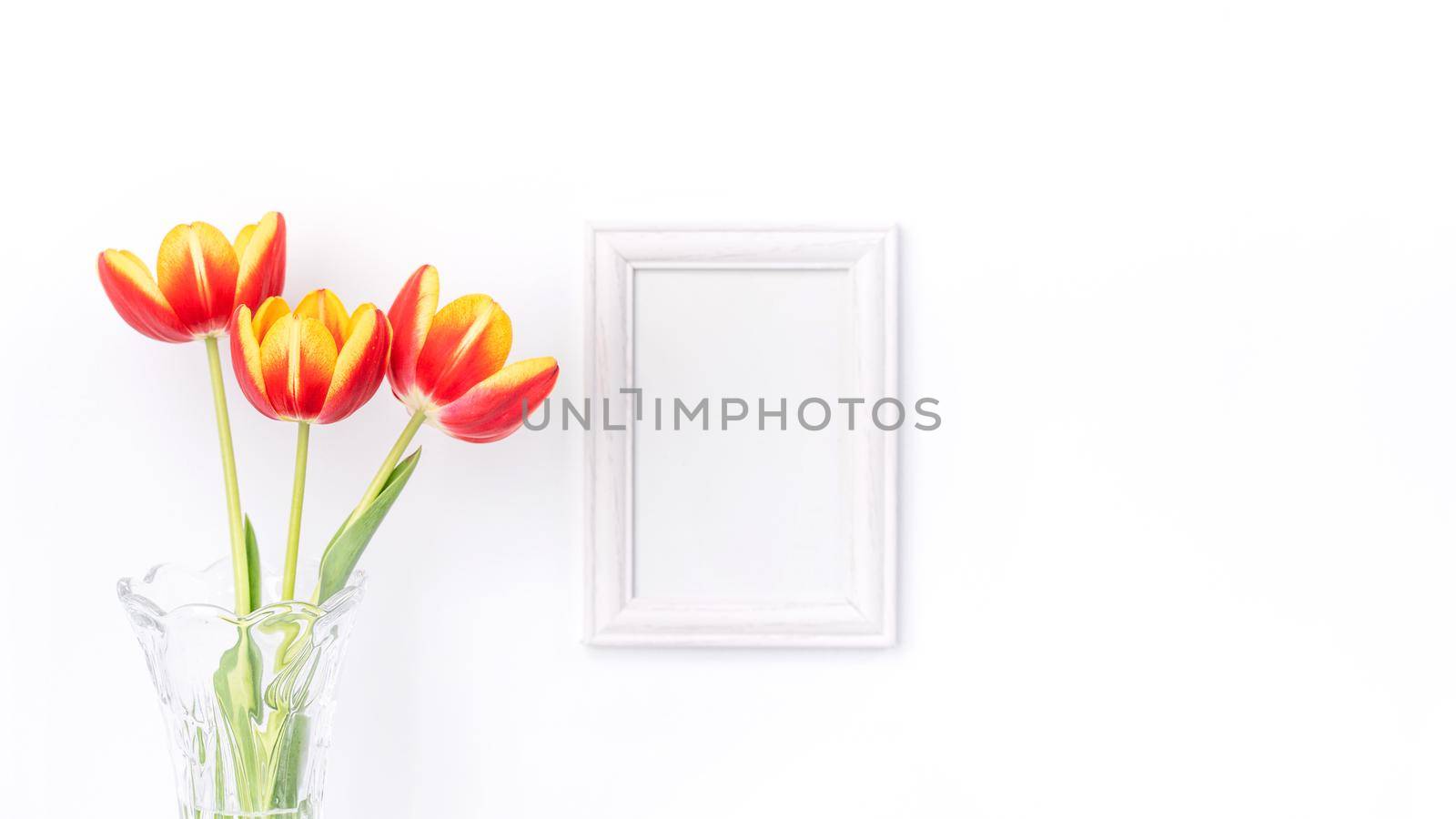 Tulip flower in glass vase with picture frame on white wall, Mother's Day decor concept.