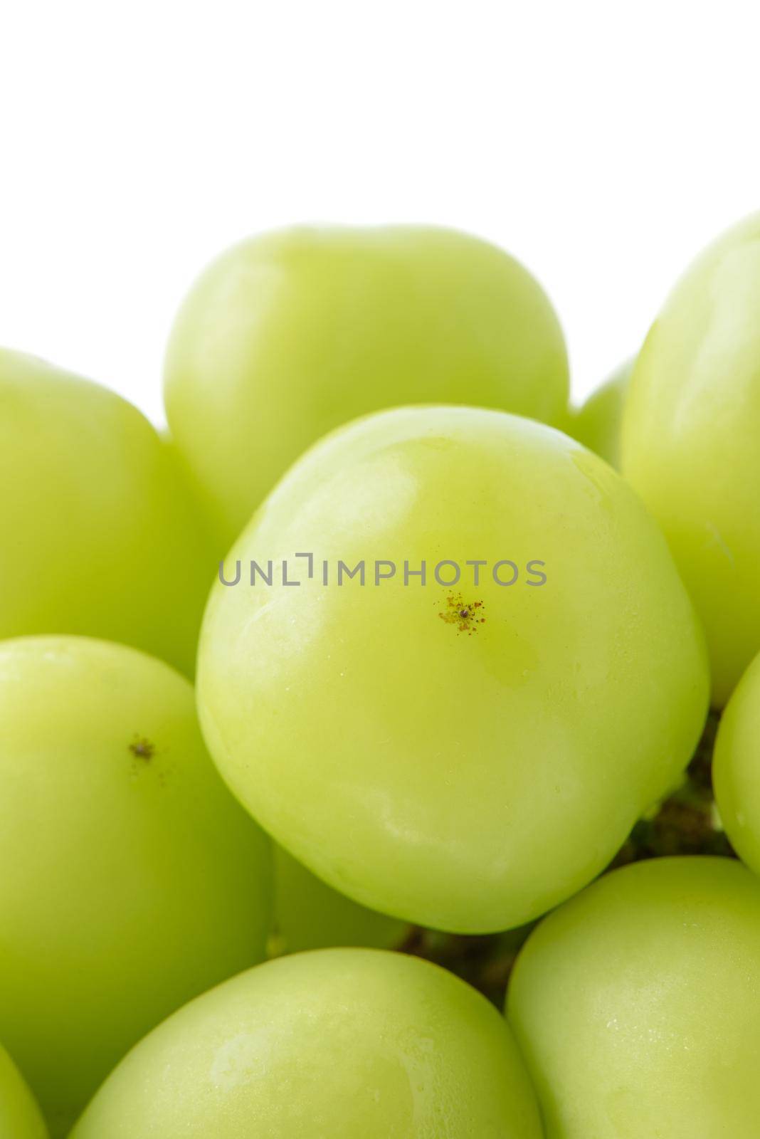 Close up of beautiful a bunch of Shine Muscat green grape isolated on white background, clipping path cut out.