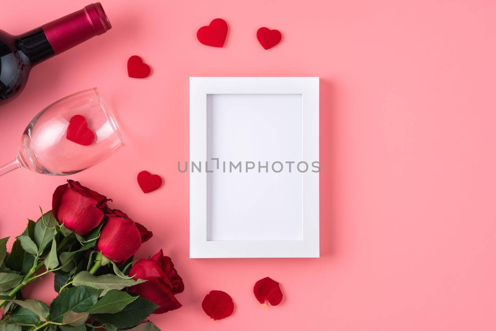 Valentine's Day memory with blank picture frame on pink background design concept