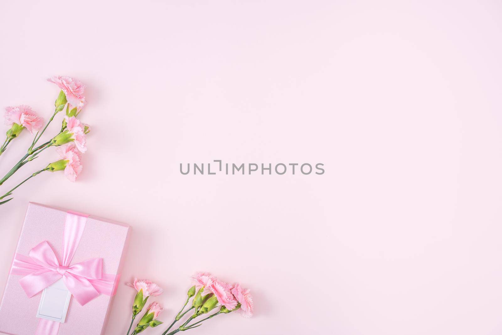 Mother's Day, Valentine's Day background design concept, beautiful pink carnation flower bouquet on pastel pink table, top view, flat lay, copy space.