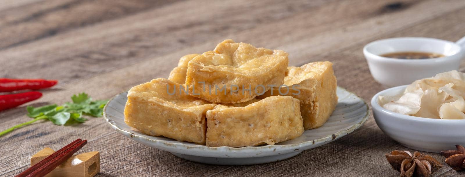 Deep fried stinky tofu, fermented bean curd with pickled cabbage vegetable, famous and delicious street food in Taiwan.