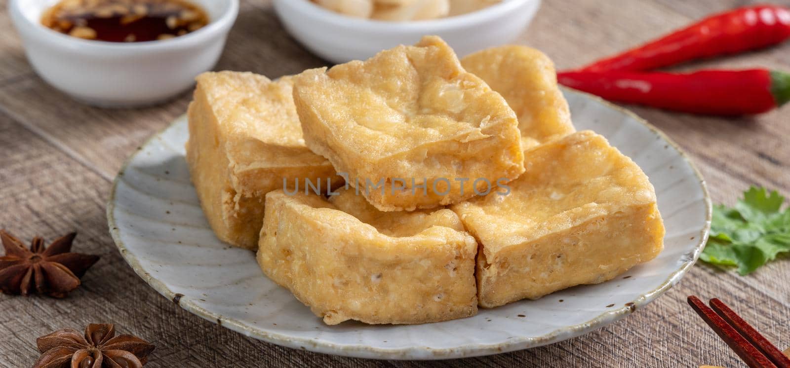 Deep fried stinky tofu, fermented bean curd with pickled cabbage vegetable, famous and delicious street food in Taiwan.