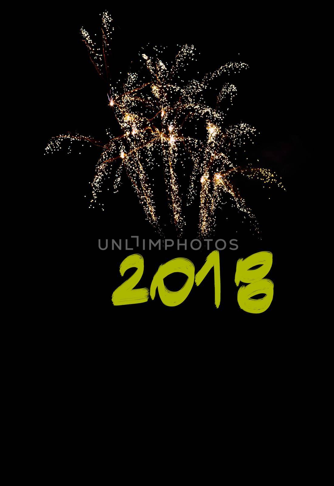 amazing fireworks in the black sky, with handwritten  2018, grand spectacle at the beginning of the new year by Q77photo