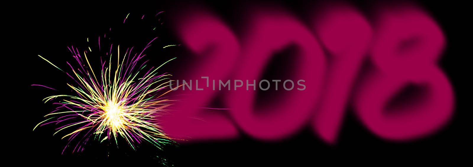 amazing fireworks in the black sky, with handwritten  2018, grand spectacle at the beginning of the new year, party