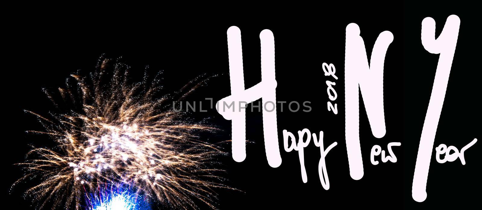 amazing fireworks in the black sky, with handwritten wishes Happy New Year 2018, grand spectacle at the beginning of the new year, party