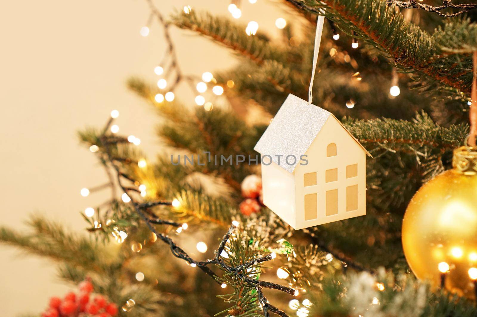 Christmas tree decoration. Christmas tree toy - house. Concept of a children room in the new year style