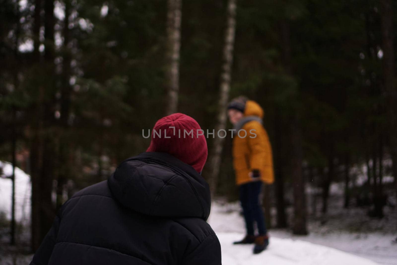Father and son playing snowballs in the forest - Blurred background