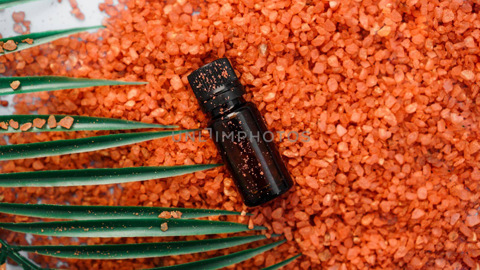 Cosmetic bottle with oil on a background of sea salt and tropical leaves. The concept of beauty, spa, aromatherapy, medicine.