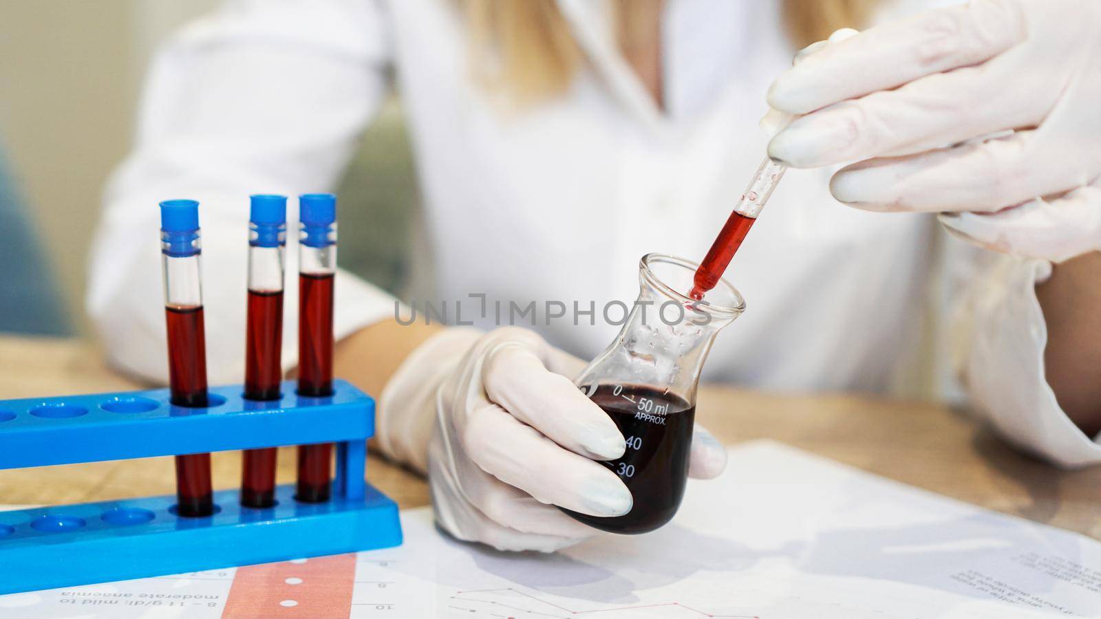 Close up of a pipette dropping a red sample into a test flask. Female scientist holding pipette. The concept of analyzes and diagnostics