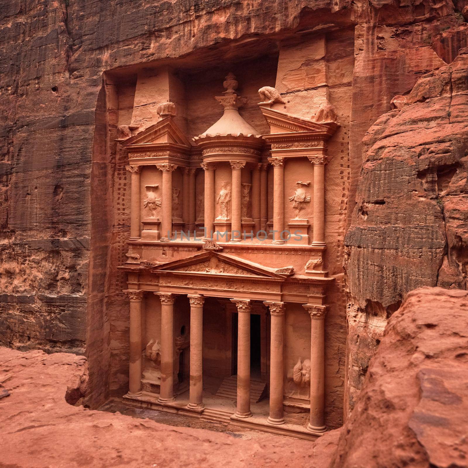 Front of Al-Khazneh Treasury temple carved in stone wall - main attraction in Lost city of Petra by Ivanko