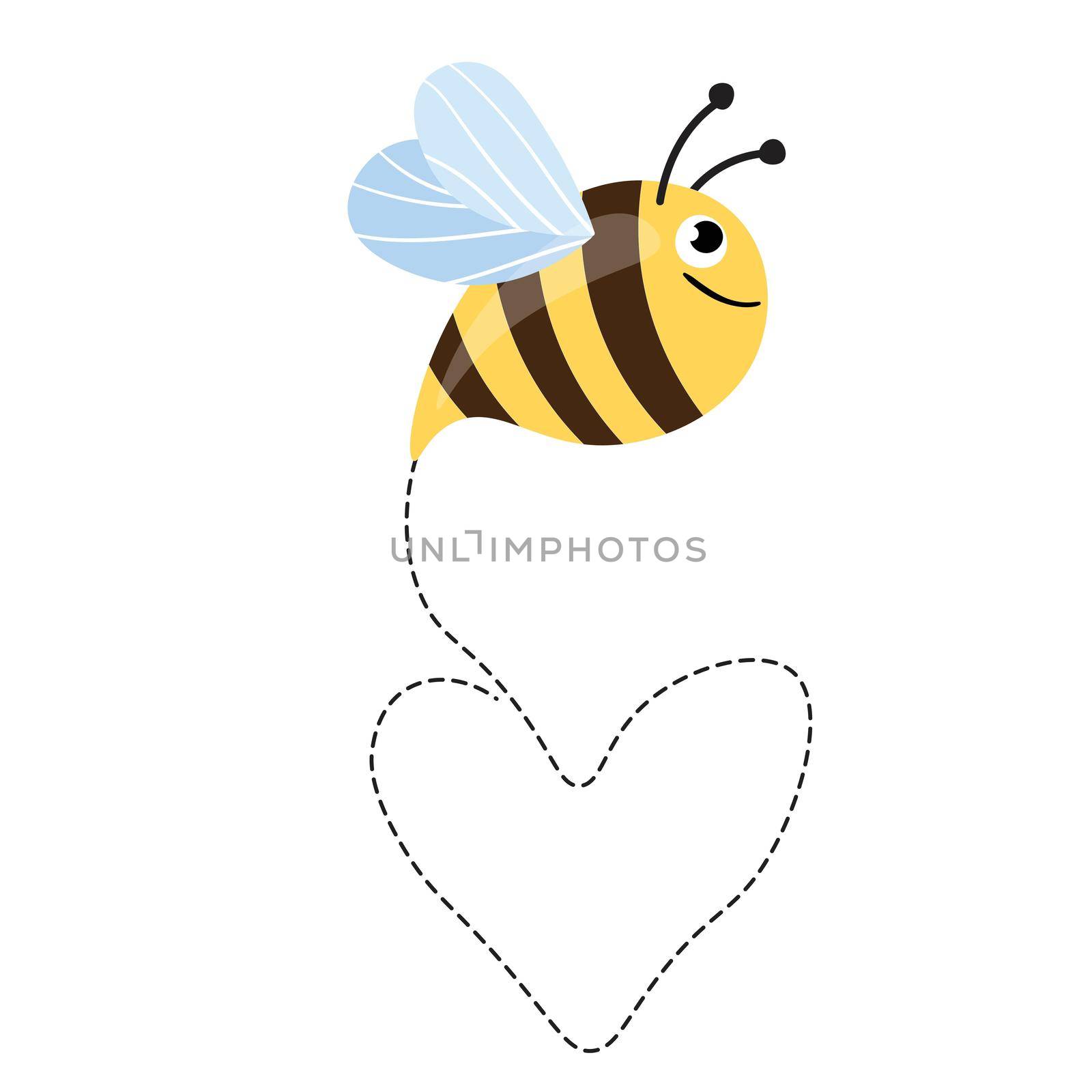 Bee cartoon mascot. A small bees flying on a dotted route. Wasp collection. Vector characters. Incest icon. Template design for invitation, cards. Doodle style.