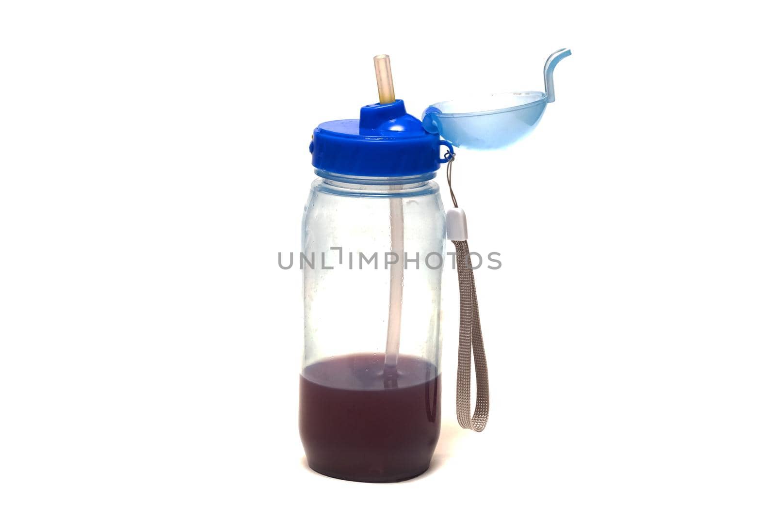 Baby bottle with juice and straw, isolated on a white background
