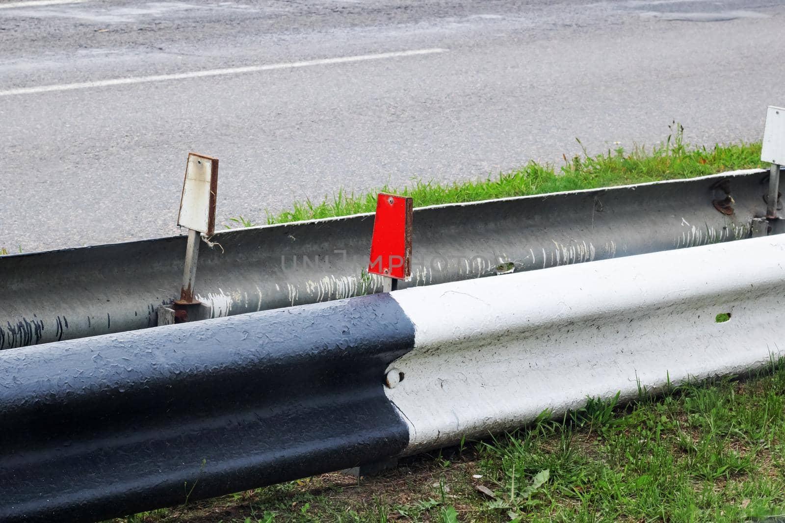 Road marking close up, green grass on the side of the road