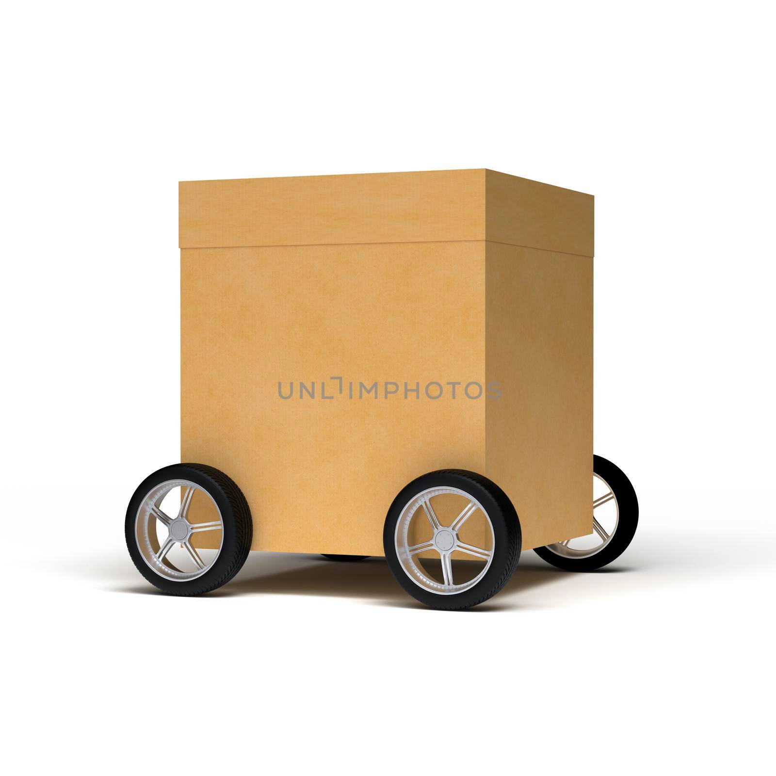 Cardboard box on wheels isolated on white background. 3D rendering by Nobilior