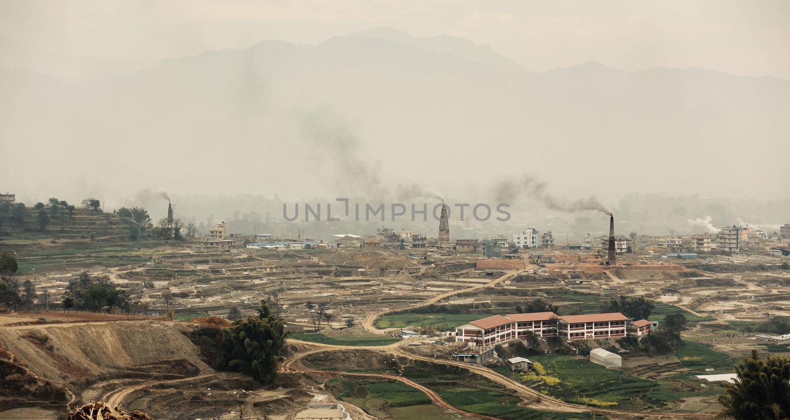 Brick kilns in the Kathmandu valley, Nepal. Industrial landscape and pollution concept.