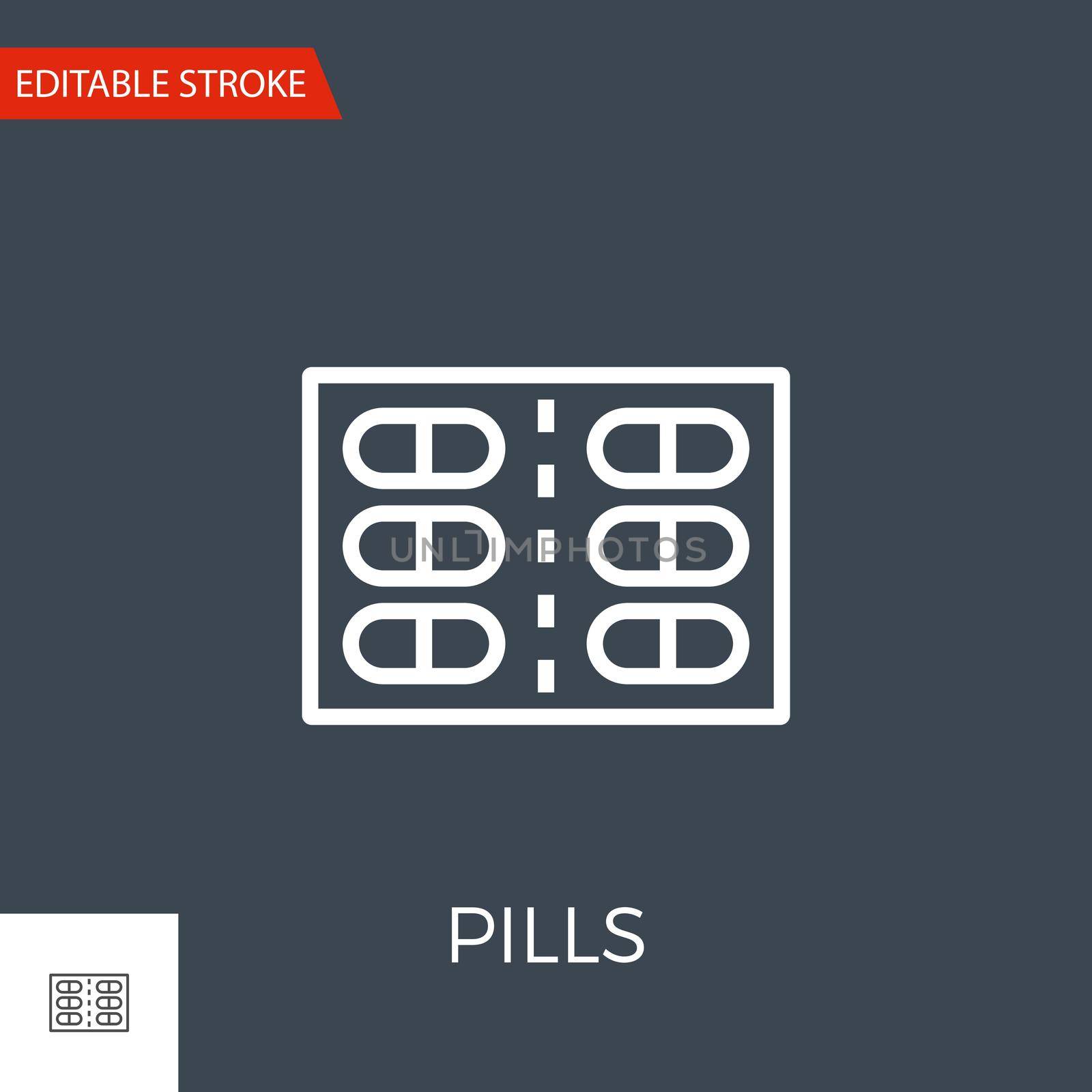 Pills Related Vector Line Icon. Drugs. Isolated on Black Background. Editable Stroke.