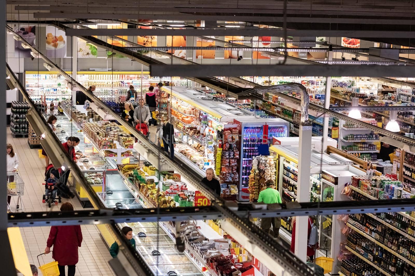 Belarus, Novopolotsk - July 10, 2019: Hall of the supermarket top view with people