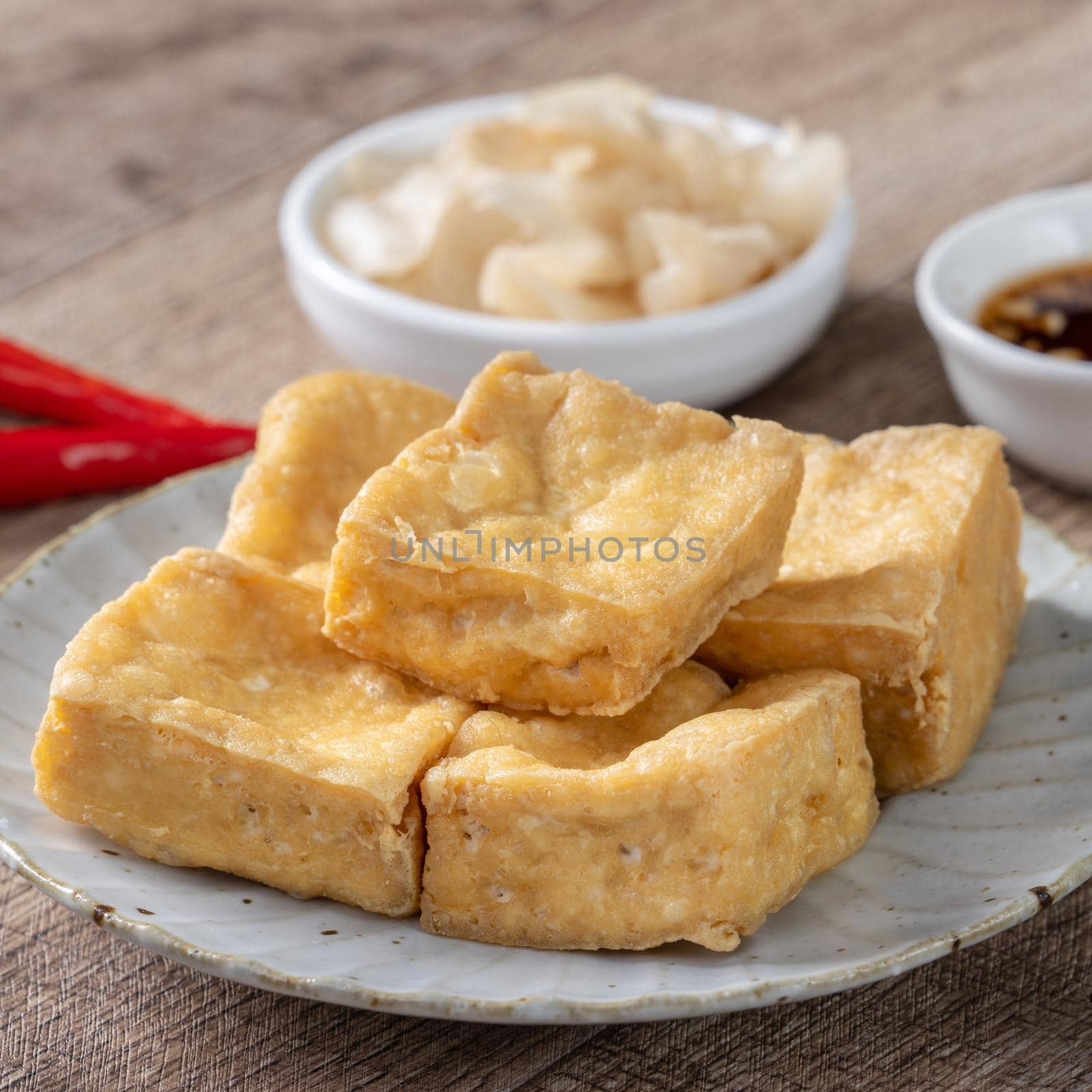 Deep fried stinky tofu, fermented bean curd with pickled cabbage vegetable, famous and delicious street food in Taiwan.