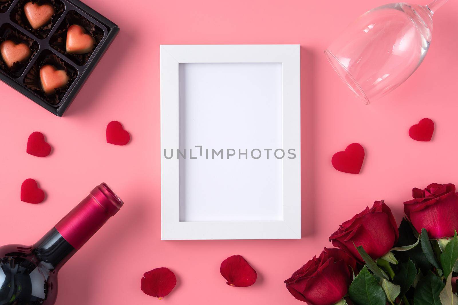 Valentine's Day memory with blank picture frame on pink background design concept