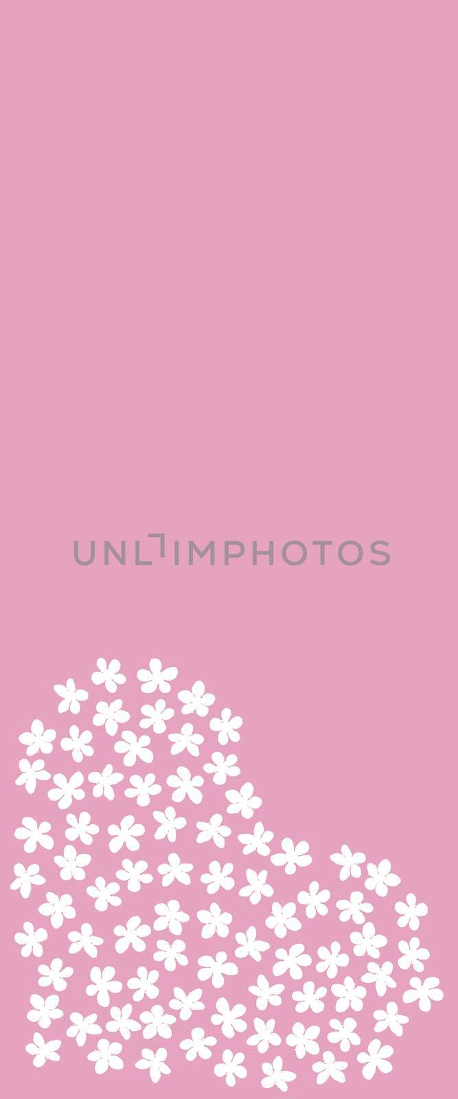 Modern Business card Design Template with heart made of white sakura flowers decoration on pink background. Template of premium gift voucher, discount coupon, Greeting card, packing. Copy space