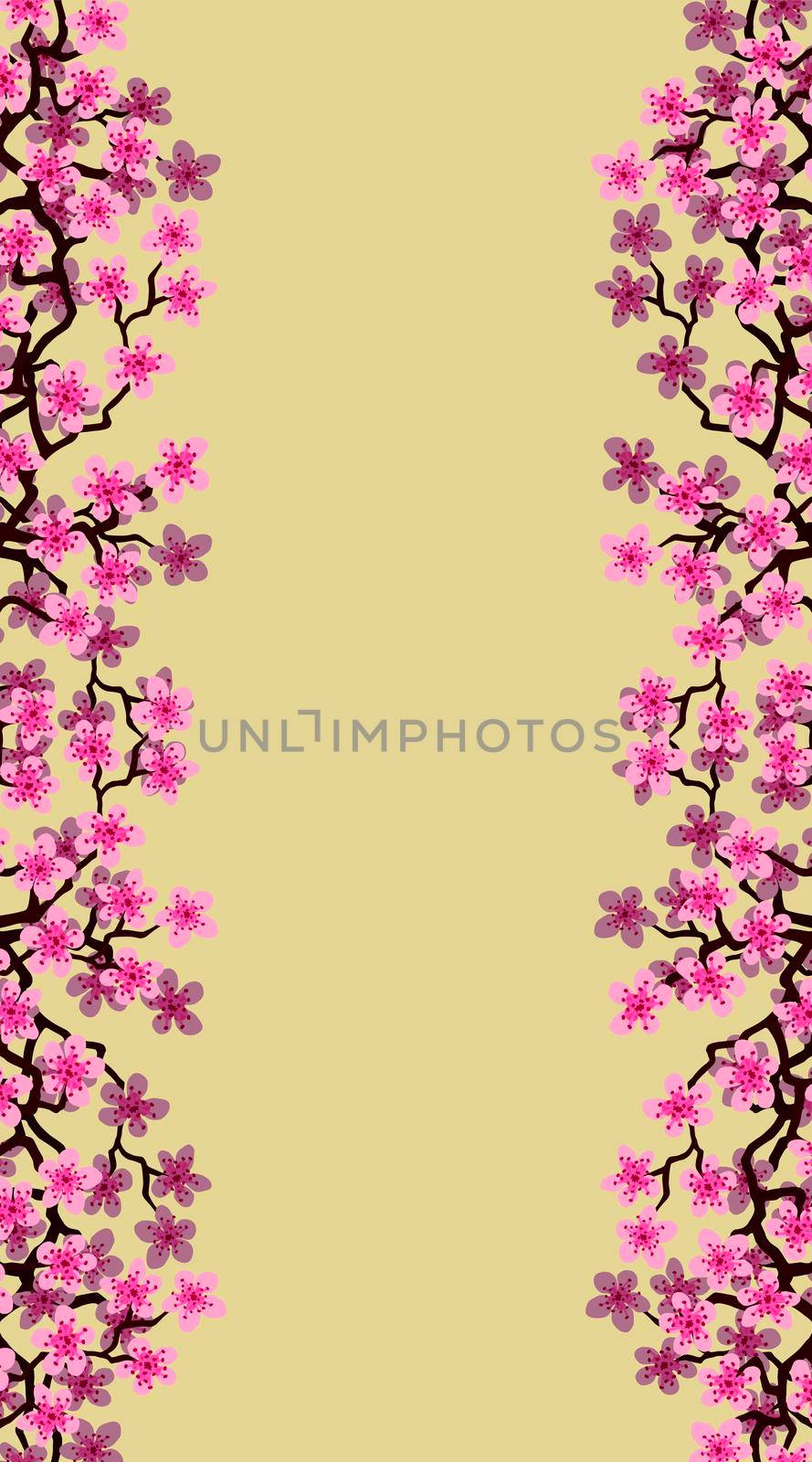 Vertical Floral greeting banner with beautiful pink blossom flowers branch Sakura.Yellow colors Background with copy space on Cherry Twig In Bloom.Postcard good for wedding invitation,Mother,Women day