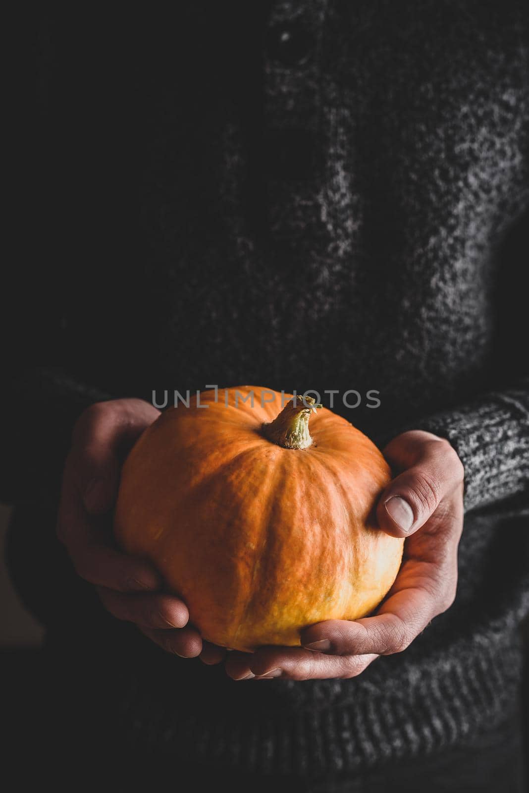 Man holding small ripe pumpkin in hands