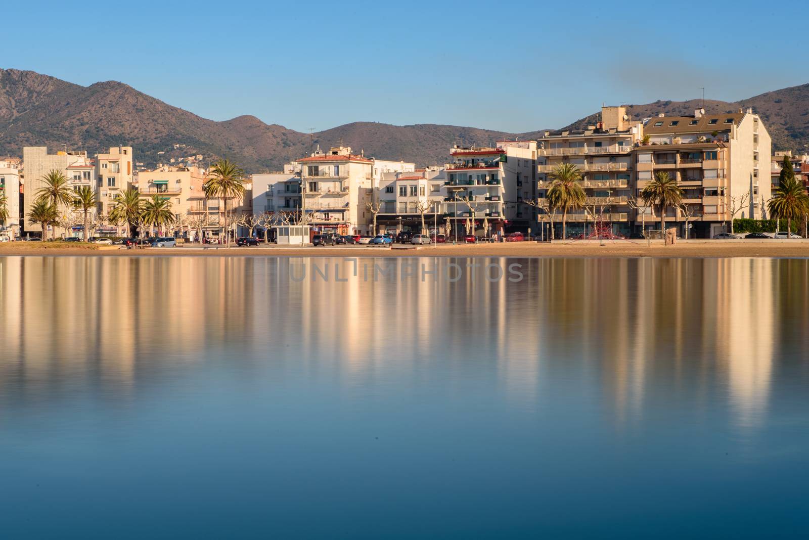 ROSES, SPAIN - jan 24 2018 : Beach and city view of mediterranean town Roses. jan 24 2018 in Catalonia, Spain