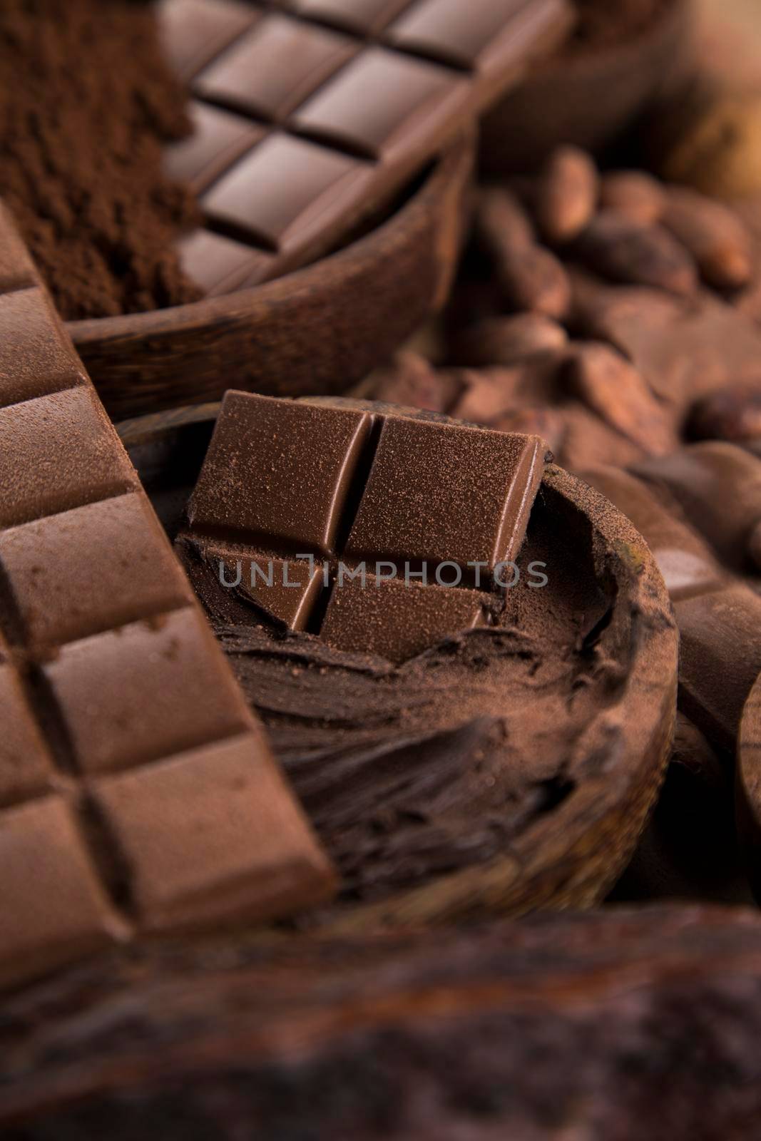 Chocolate sweet, cocoa pod and food dessert background