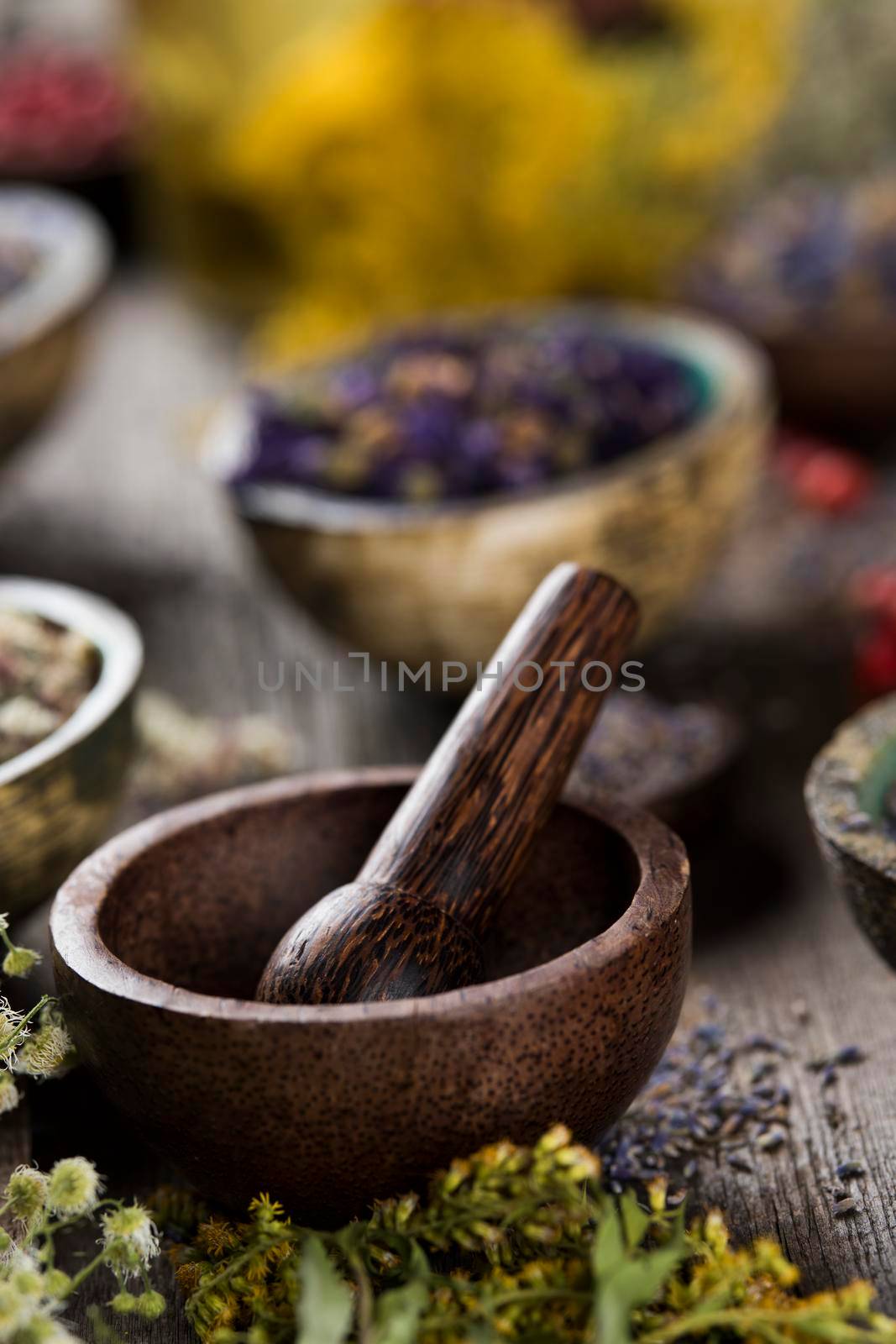 Natural remedy, mortar and herbs by JanPietruszka