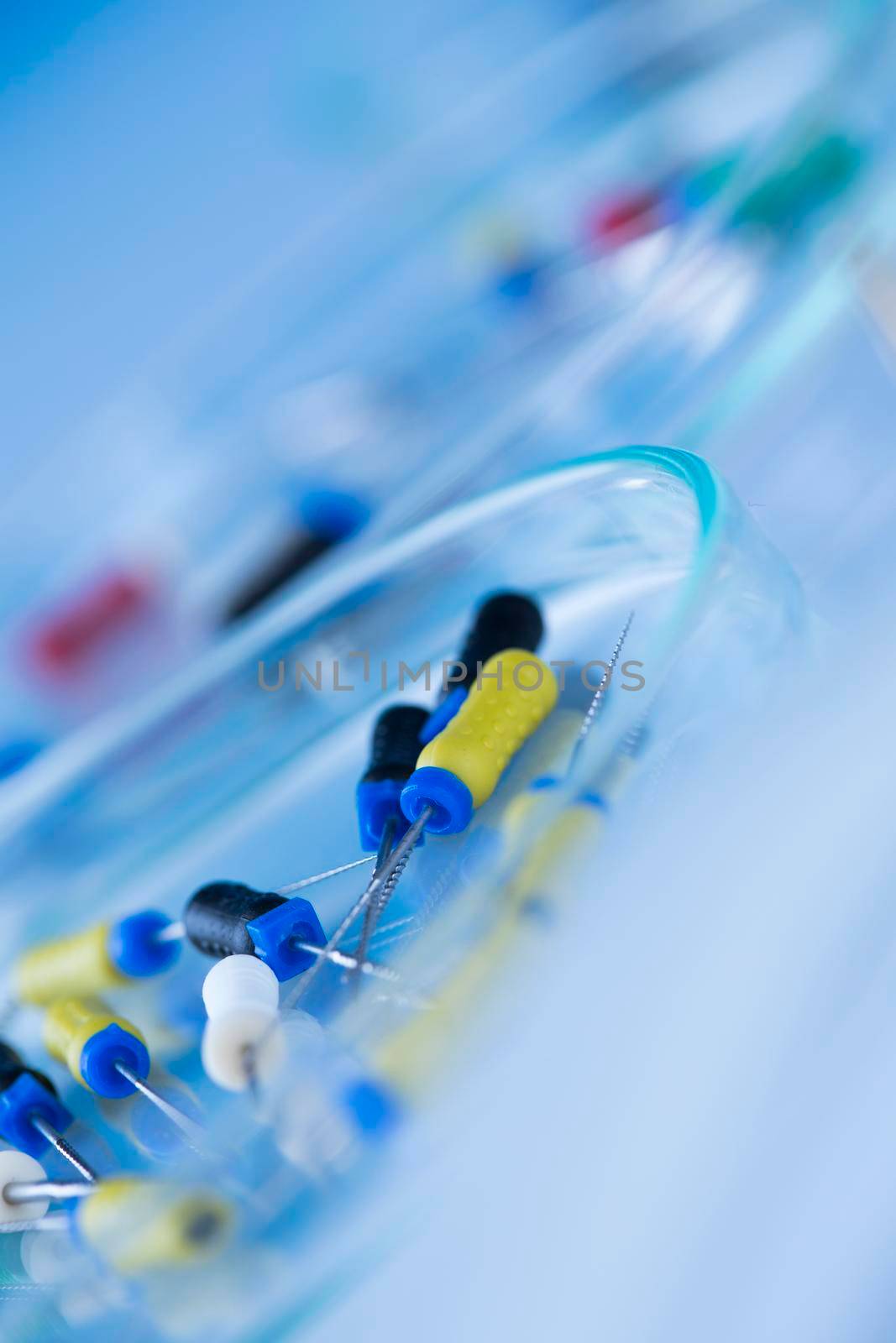 Dentist equipment on blue background