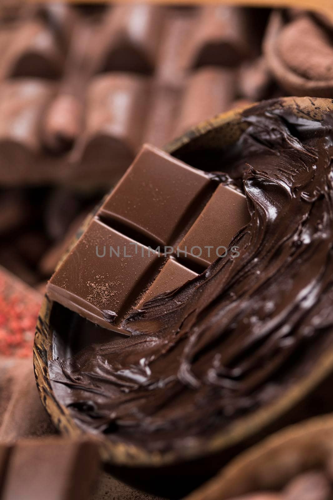 Chocolate bar, candy sweet, cacao beans and powder