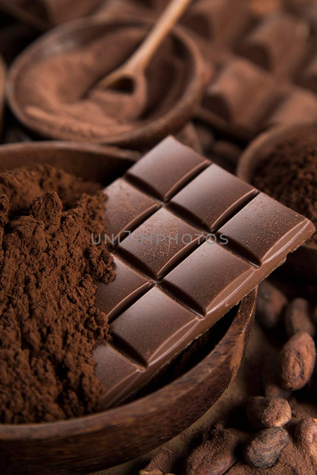 Chocolate sweet, cocoa pod and food dessert background