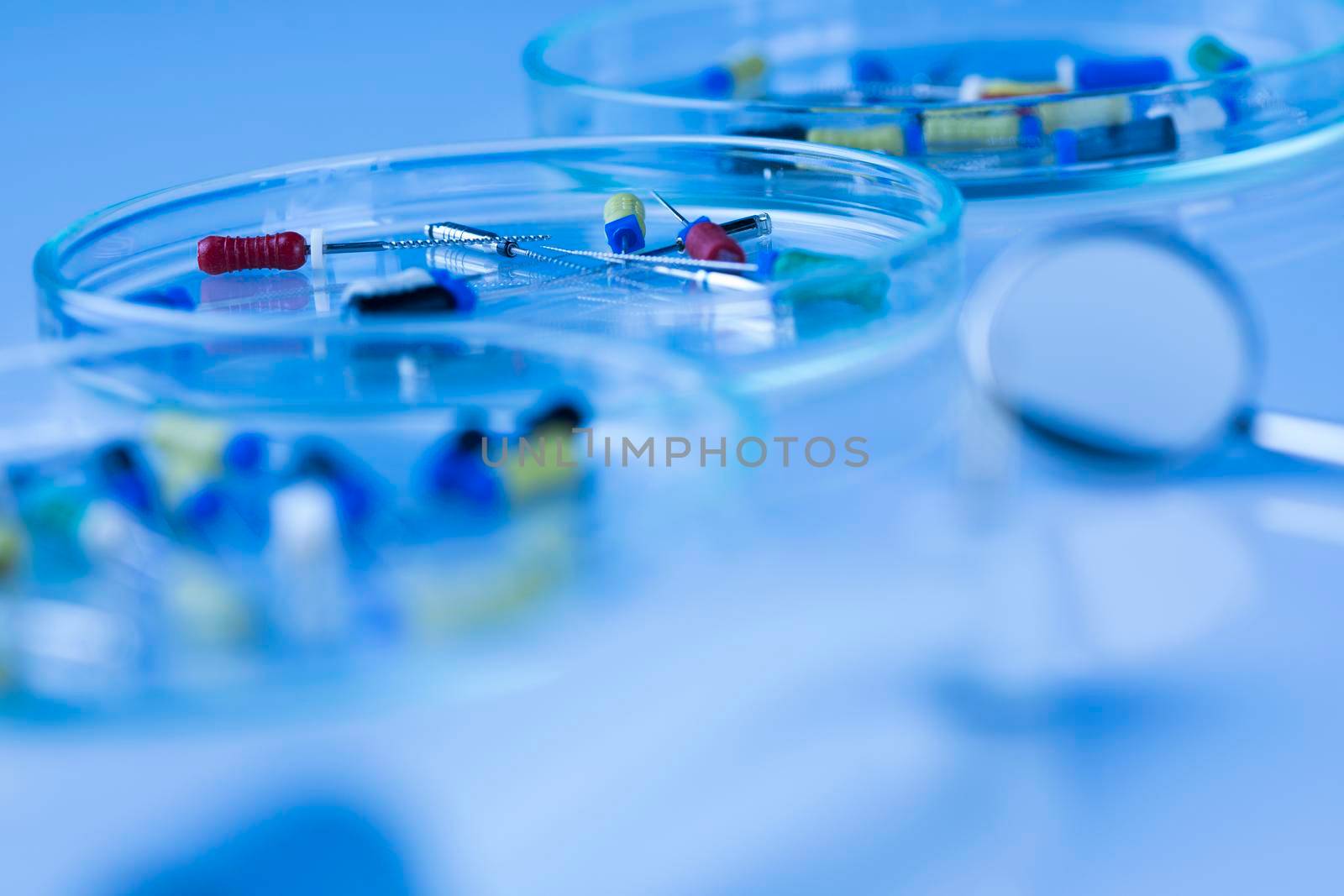 Dentist equipment on blue background