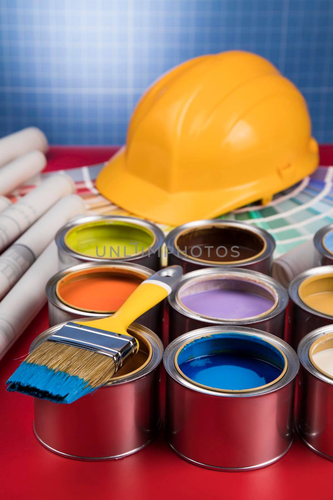 Colorful paint cans with paintbrush by JanPietruszka