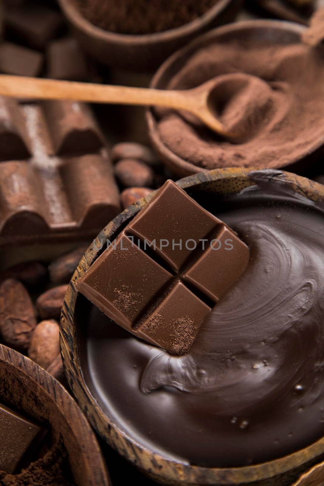 Chocolate bar, candy sweet, cacao beans and powder