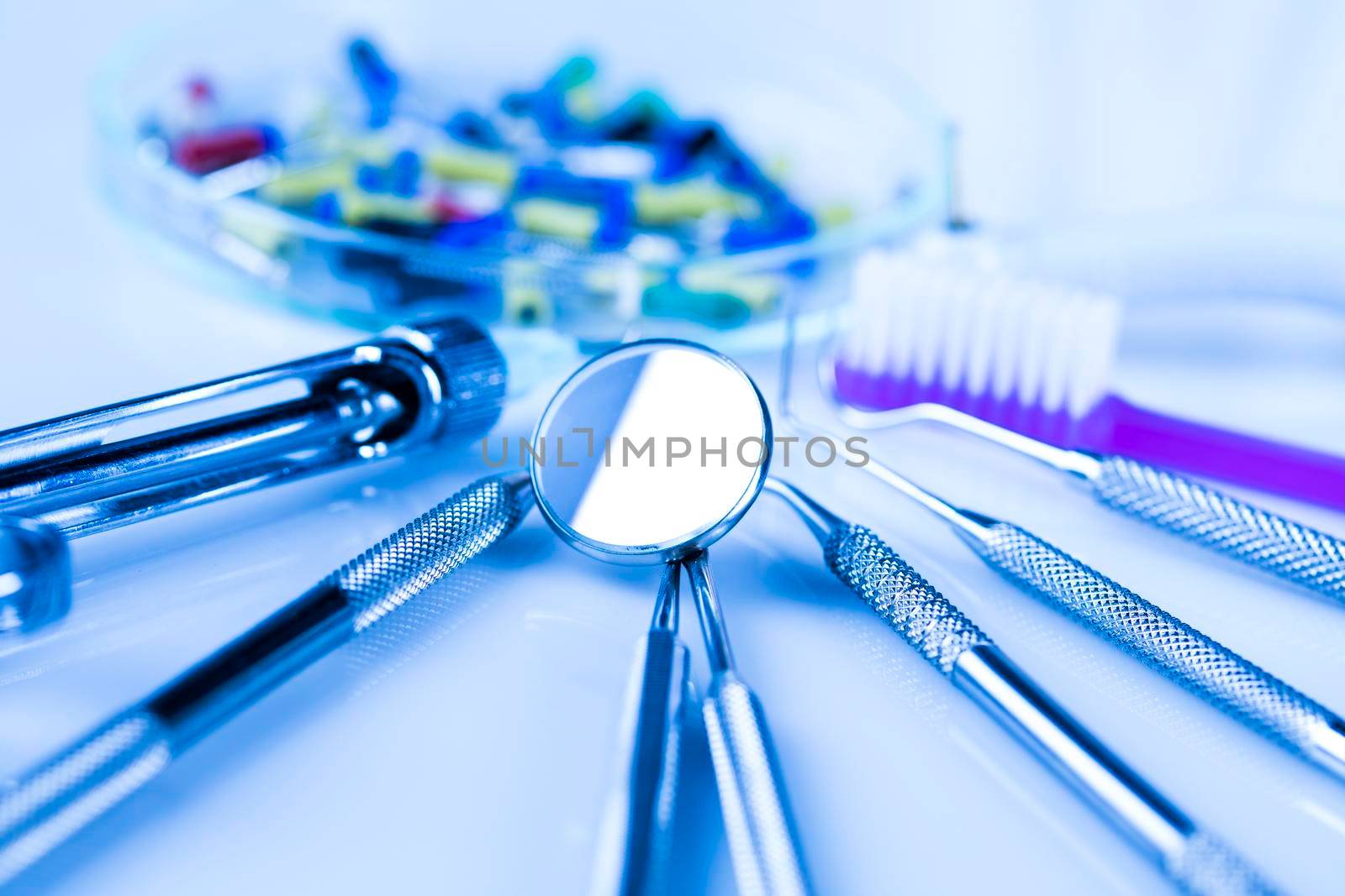 Set of metal medical equipment tools for teeth dental