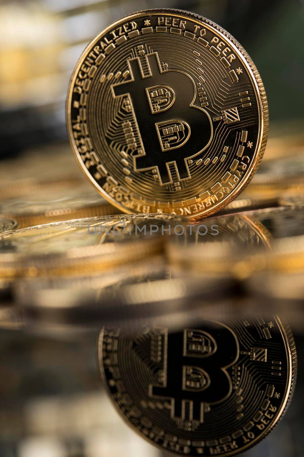 Virtual money, Currency. Bitcoin coins, financial chart by JanPietruszka