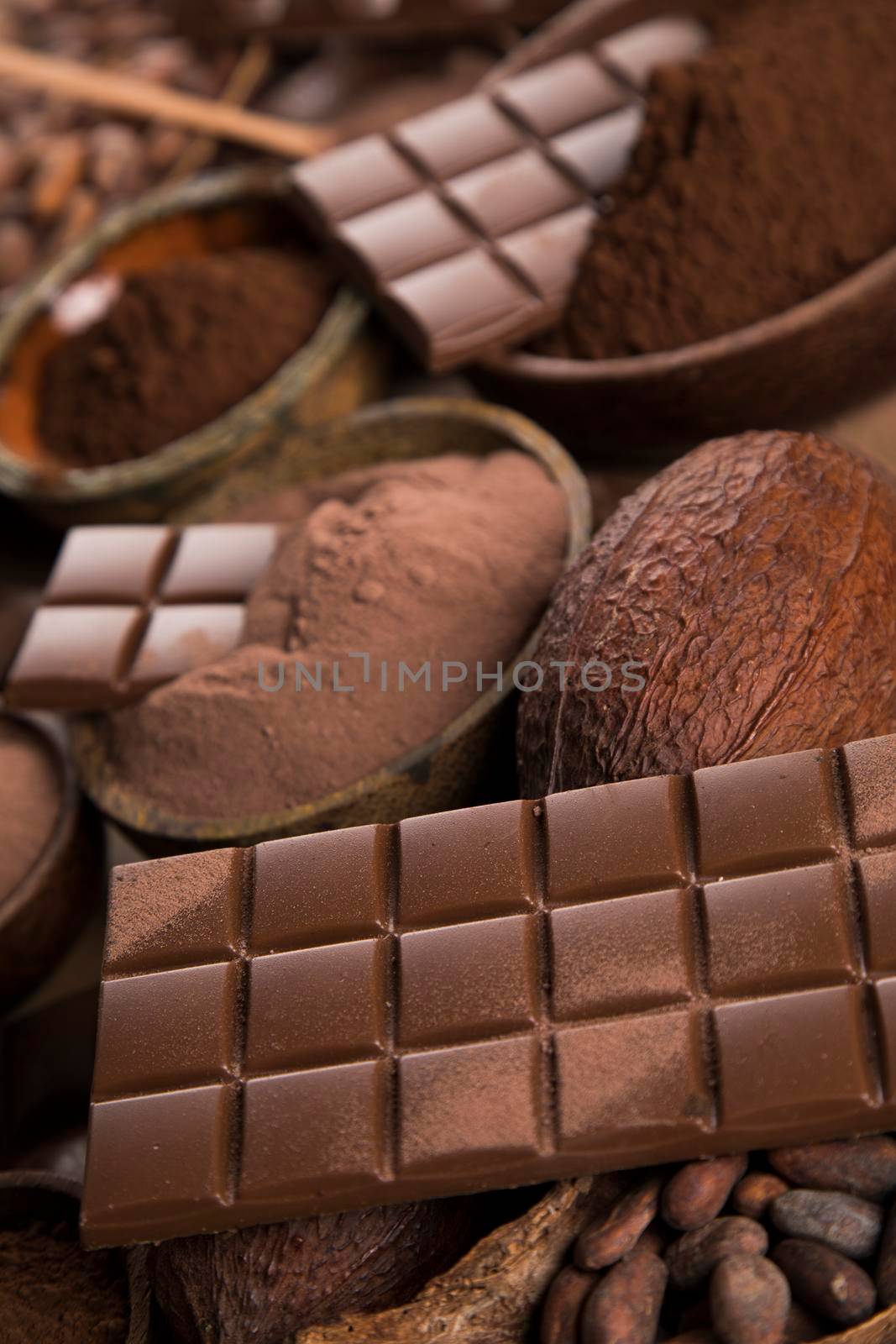 Assorted chocolate bar, candy sweet, cocoa pod