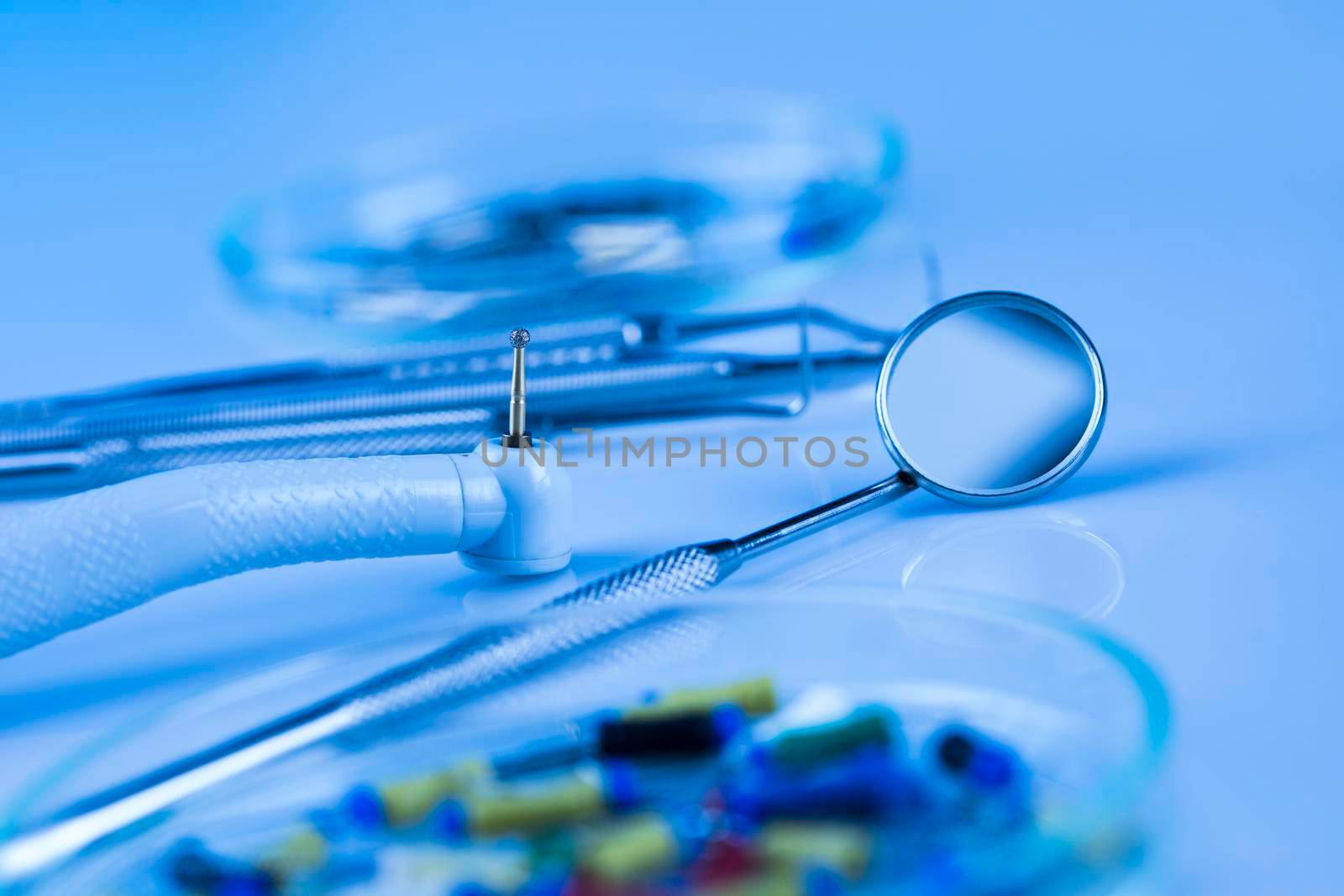 Set of metal medical equipment tools for teeth dental